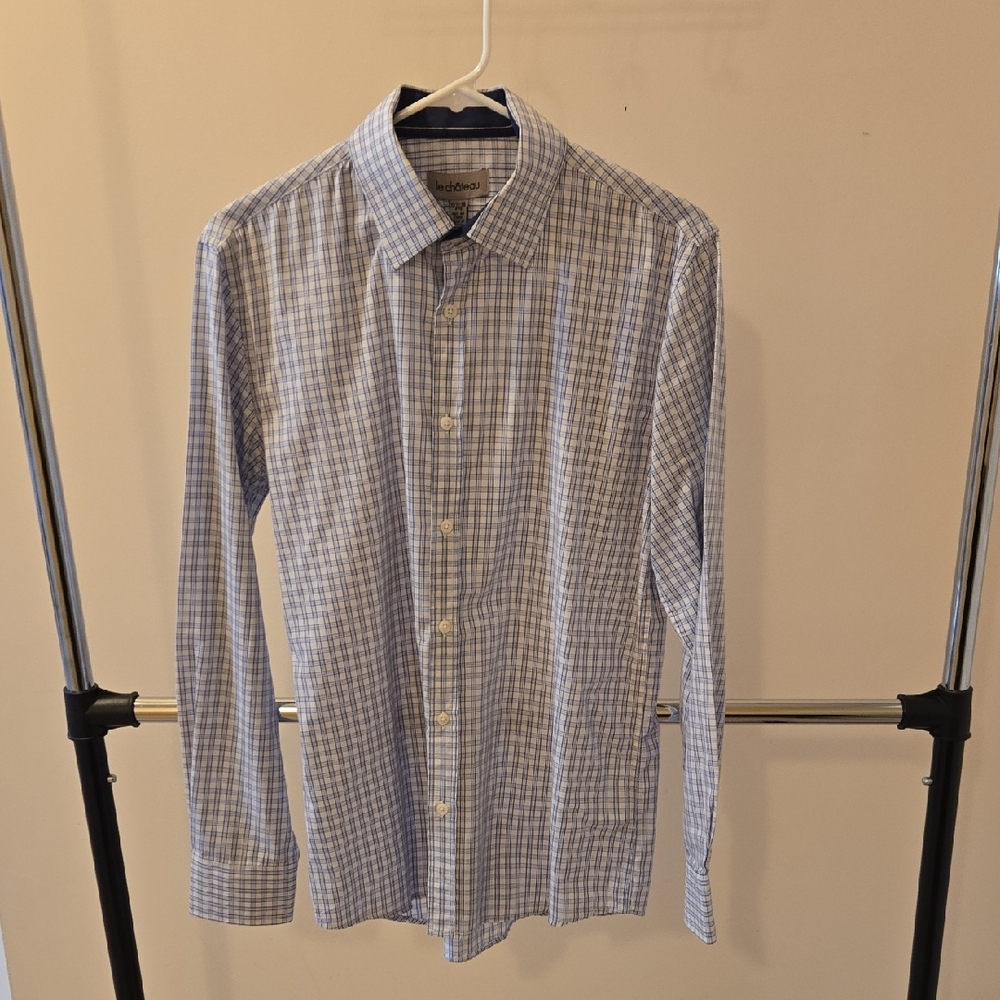 Le Chateau Men's Light Blue and White Plaid Dress Shirt